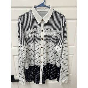 Beautique Womens 3XL Plus Black White Striped Polka Dot Lace Trim Blouse Shirt